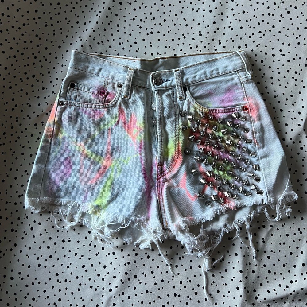 Vintage Levi high waisted distressed denim studs tie dye one of a kind festival